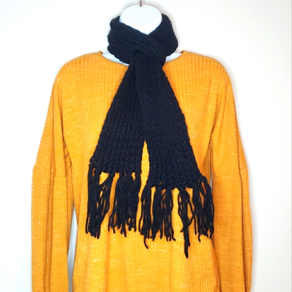 Black Handcrafted Crochet Scarf Fringe Edges